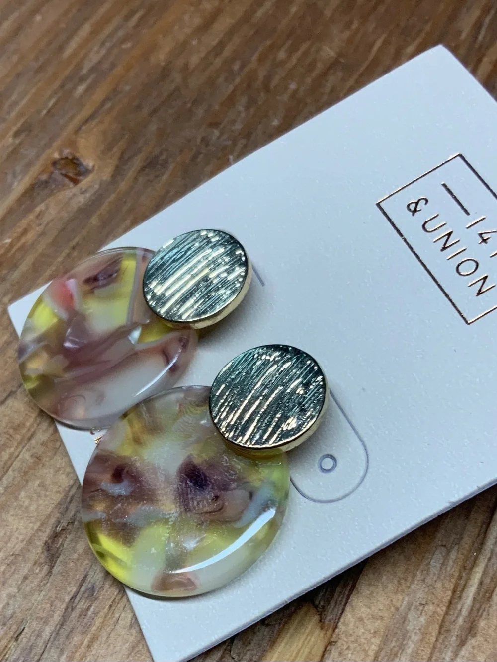 14th & Union Marbled Yellow and Mauve Disc Drop with Gold Tops Earrings